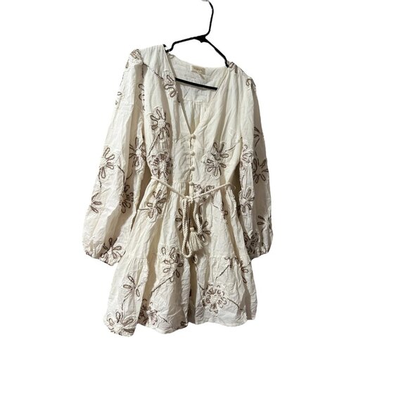 Camellia Embroidered 3D Floral Cottage Mini Dress Women Medium Cream Puff Sleeve - Picture 15 of 16